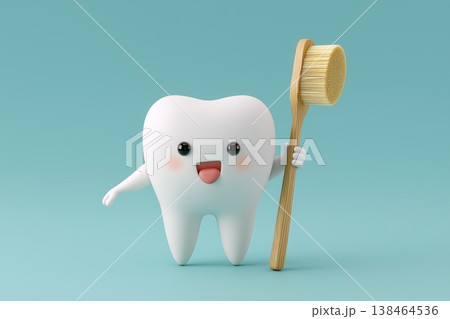 Excited Cartoon Tooth Holding Wooden Toothbrush 138464536