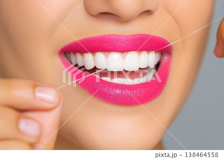 Achieve a dazzling smile with vibrant pink lips and perfect white teeth as dental floss glides smoothly Achieve a dazzling smile with vibrant pink lips and perfect white teeth as dental floss glides smoothly 138464558