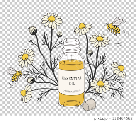 The scent of chamomile flowers and essential oil attracted a bee to fly in. The scent of chamomile flowers and essential oil attracted a bee to fly in. 138464568