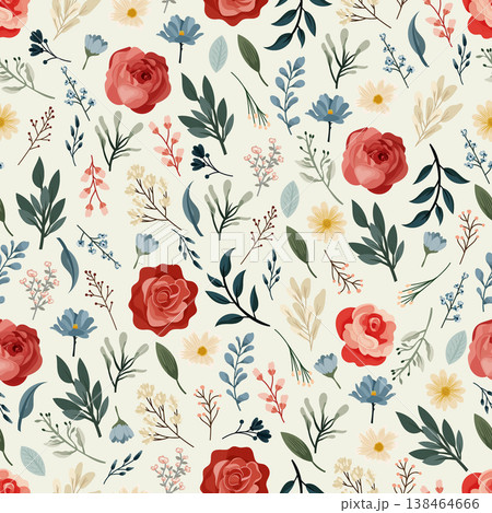 Seamless floral pattern with red roses and wildflowers, elegant botanical repeat background with leaves, decorative flat vector design for textile, wallpaper, wrapping paper Seamless floral pattern with red roses and wildflowers, elegant botanical repeat background with leaves, decorative flat vector design for textile, wallpaper, wrapping paper 138464666