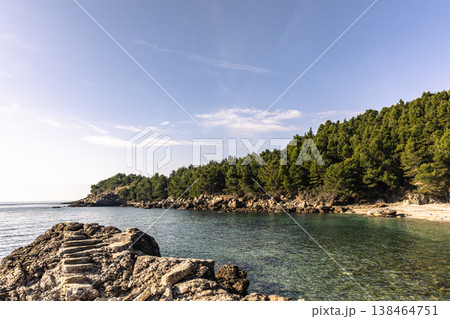 Serene Rocky Coastline With Clear Water and Pine Forest Under Sunny Sky Serene Rocky Coastline With Clear Water and Pine Forest Under Sunny Sky 138464751
