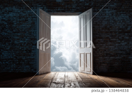Open doorway shines with bright clouds against a dark brick wall, illuminating possibility and hope, creating a sense of escape. Open doorway shines with bright clouds against a dark brick wall, illuminating possibility and hope, creating a sense of escape. 138464838
