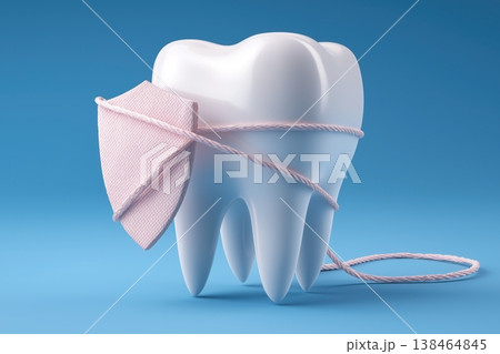 Strong tooth protected by a shield symbolizing dental health and care, a symbol of oral hygiene and well-being. 138464845