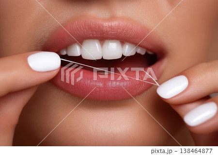 Woman flossing teeth for perfect smile and healthy gums, promoting dental care routine Woman flossing teeth for perfect smile and healthy gums, promoting dental care routine 138464877