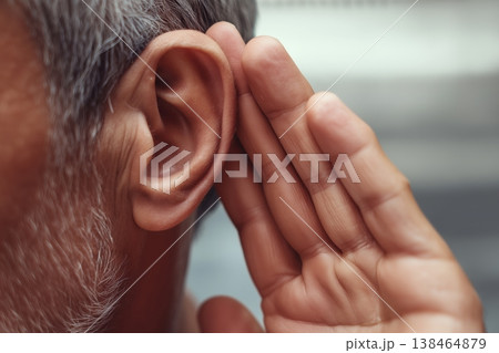 Close-up of a senior man's ear trying to eavesdrop and listen for a sound 138464879