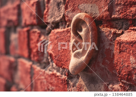 The walls are listening, an ear on a red brick wall symbolizing the need to eavesdrop The walls are listening, an ear on a red brick wall symbolizing the need to eavesdrop 138464885