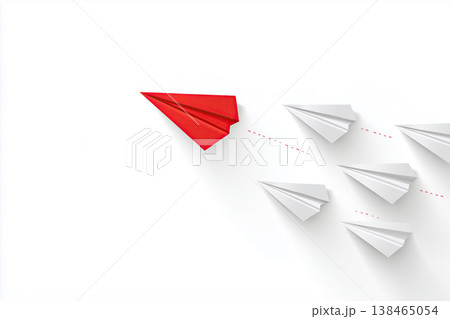 Red paper plane leads a group of white planes, representing leadership, innovation, and standing out in business. Red paper plane leads a group of white planes, representing leadership, innovation, and standing out in business. 138465054
