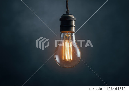 Vintage lightbulb illuminates against a dark backdrop, showcasing innovation, invention, and a bright idea representing creativity. 138465212