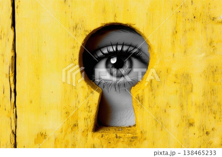 Eye peeking through a keyhole in a vibrant yellow wooden door evoking mystery and curiosity Eye peeking through a keyhole in a vibrant yellow wooden door evoking mystery and curiosity 138465233