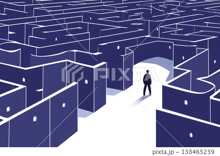 Person standing at the exit of a perplexing labyrinth signifying challenge, navigation, solution, and problem solving. Person standing at the exit of a perplexing labyrinth signifying challenge, navigation, solution, and problem solving. 138465239