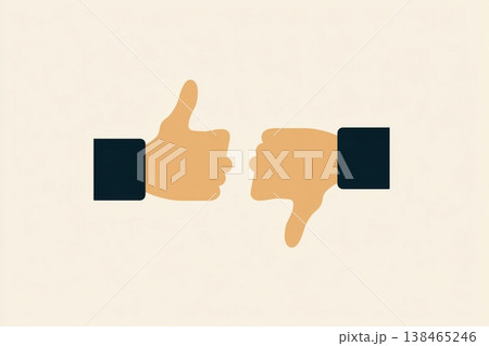Conceptual flat design featuring a thumbs up and thumbs down symbolizing approval versus disapproval, decision making, or feedback. 138465246