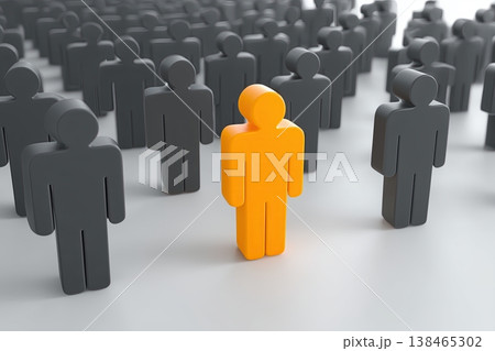 Orange stylized figure stands out among gray figures, signifying individuality and leadership. Orange stylized figure stands out among gray figures, signifying individuality and leadership. 138465302