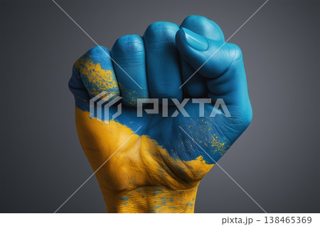 Strength and resilience are symbolized by a hand painted in Ukrainian flag colors of blue and yellow against a gray background. 138465369