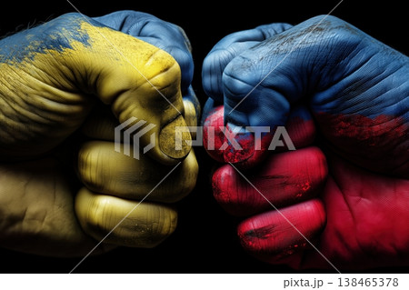 Conflict concept featuring painted fists in symbolic blue and yellow against red and blue, representing political tensions. Conflict concept featuring painted fists in symbolic blue and yellow against red and blue, representing political tensions. 138465378