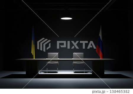 Meeting table setting with Ukraine and Russia flags symbolizes peace talks in dark setting. Meeting table setting with Ukraine and Russia flags symbolizes peace talks in dark setting. 138465382