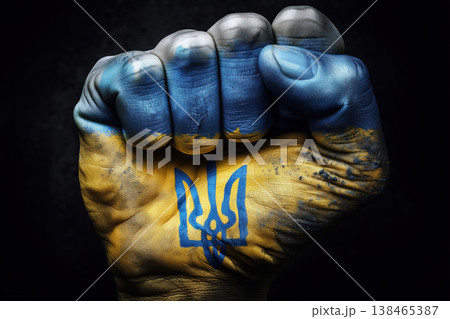 A powerful fist painted with Ukrainian flag colors symbolizes strength and national identity against a dark background. 138465387