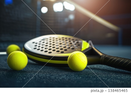 Get ready for a stunning padel match with balls and racket on the court, feel the energy of sport 138465465
