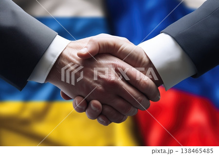 Russia and Ukraine meeting with handshake conveys diplomacy and international relations for geopolitical solutions Russia and Ukraine meeting with handshake conveys diplomacy and international relations for geopolitical solutions 138465485