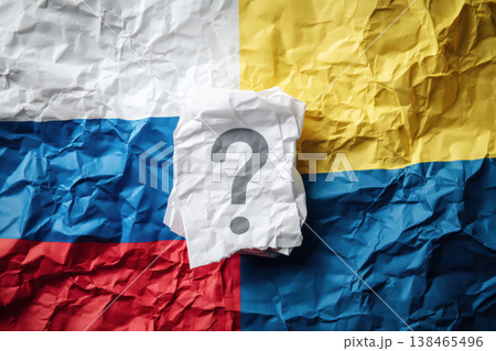 Geopolitical tension depicted with crumpled paper flags of Russia and Ukraine, reflecting conflict and uncertainty. Geopolitical tension depicted with crumpled paper flags of Russia and Ukraine, reflecting conflict and uncertainty. 138465496