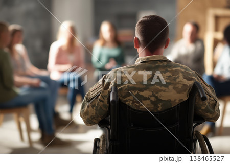 Veteran in a wheelchair at a support group meeting surrounded by people offering mental health care and community 138465527
