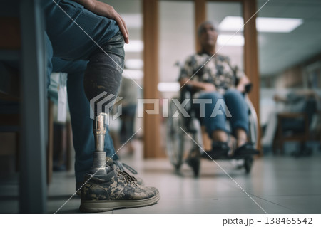 Amputee stands with prosthetic leg in hospital corridor, elderly woman in wheelchair passing by showing resilience and rehabilitation. 138465542