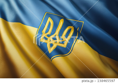 Ukraine national flag flutters in the wind, showcasing the vibrant colors and the Tryzub emblem representing the country's proud history. Ukraine national flag flutters in the wind, showcasing the vibrant colors and the Tryzub emblem representing the country's proud history. 138465597