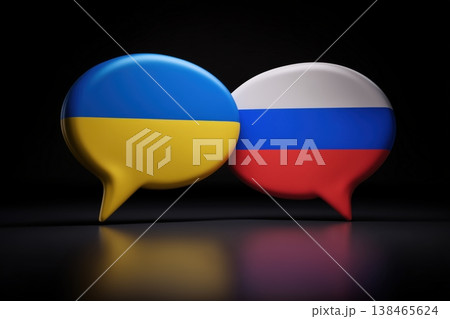 Ukraine and Russia dialogue represented with chat bubbles, a geopolitical symbol, illustrating international relations 138465624