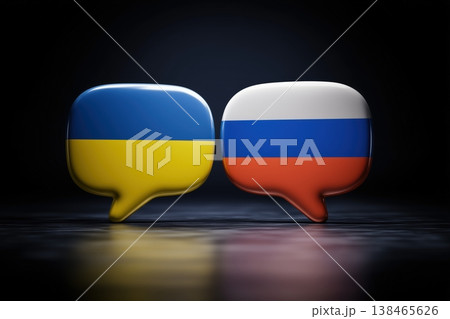 Flags of Ukraine and Russia represented as speech bubbles to showcase diplomacy and peace talks Flags of Ukraine and Russia represented as speech bubbles to showcase diplomacy and peace talks 138465626