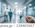 Healthcare services magnified with a lens reveals a plus sign in a hospital, symbolizing medical care and health assistance. 138465667