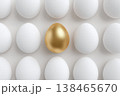 Golden egg stands out among the white eggs, showcasing individuality and a unique value proposition in a simple, elegant arrangement. 138465670