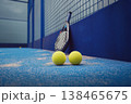 Get ready to play padel with vibrant yellow balls and a sleek racket on a modern blue court 138465675