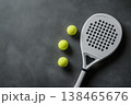 Get ready to play padel tennis with this modern racket and vibrant yellow balls on a dark background 138465676