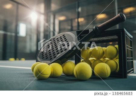Get ready to play padel with fresh tennis balls and a sleek racket on the court today Get ready to play padel with fresh tennis balls and a sleek racket on the court today 138465683