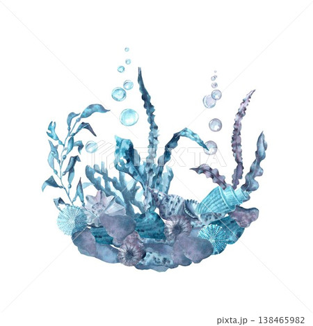 A hand-drawn watercolor circular composition with stones, shells, sea urchins, seaweed , and bubbles on an isolated background. Simple clip art of underwater objects in blue and grey colors. A hand-drawn watercolor circular composition with stones, shells, sea urchins, seaweed , and bubbles on an isolated background. Simple clip art of underwater objects in blue and grey colors. 138465982