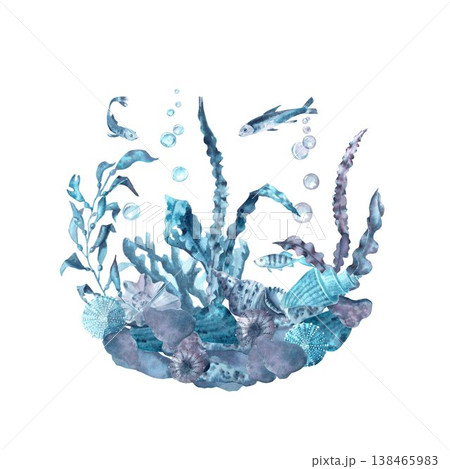 A hand-drawn watercolor circular composition with rocks, shells, sea urchins, seaweed, fish, and bubbles on an isolated background. Simple clip art of underwater objects in blue and gray colors. A hand-drawn watercolor circular composition with rocks, shells, sea urchins, seaweed, fish, and bubbles on an isolated background. Simple clip art of underwater objects in blue and gray colors. 138465983