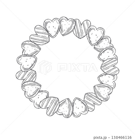 Flower and heart shaped cookies decorated icing vector isolated circular border monochrome hand drawn line art. Romantic silhouette of sweet baked treats template for Valentine Day card, dessert menu 138466116