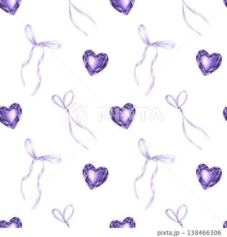 Watercolor faceted purple crystal in heart shape and lilac bows seamless pattern on isolated background. Geometric polygonal gemstones and tied satin ribbons ornate for Valentine Day gift wrap 138466306
