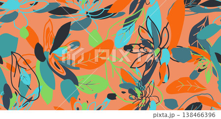 Premium seamless floral print with bold organic shapes. Ideal for luxury resort wear, modern textiles, and chic wallpaper. High res commercial vector. 138466396