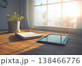 Biophilic Workspace Desk Mockup With Soft Morning Light Notebook Tablet and Plant 138466776