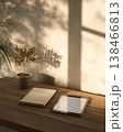Workspace Desk Mockup with Morning Sunlight Notebook Tablet and Natural Biophilic Mood 138466813