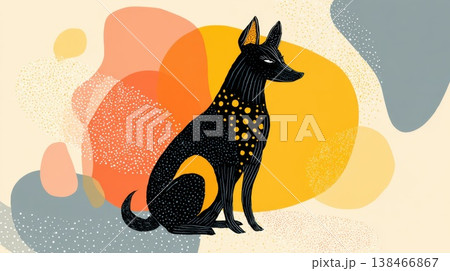 Black dog sits against bright shapes 138466867