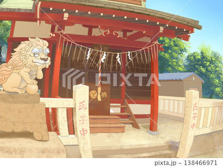 夏の朝、雲一つない青空の下、神社の背景素材 138466971