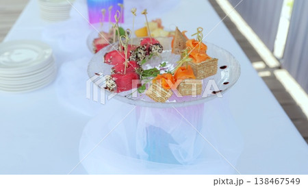 Delicious canapes featuring meat, fish, and cheese elegantly arranged on a glass plate, inviting guests during a festive banquet, wedding, or birthday celebration Delicious canapes featuring meat, fish, and cheese elegantly arranged on a glass plate, inviting guests during a festive banquet, wedding, or birthday celebration 138467549