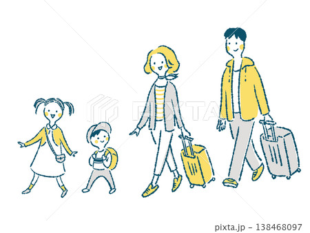 旅行に出かける家族4人の手描き風シンプルイラスト 旅行に出かける家族4人の手描き風シンプルイラスト 138468097