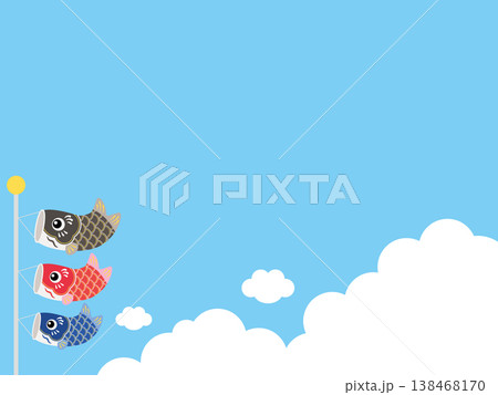 青空と入道雲と3匹のかわいい鯉のぼりの背景イラスト(黒・赤・青) 青空と入道雲と3匹のかわいい鯉のぼりの背景イラスト(黒・赤・青) 138468170