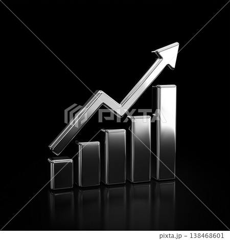 Sleek 3D Growth Chart Icon With Upward Arrow in Brushed Metal on Black Background Sleek 3D Growth Chart Icon With Upward Arrow in Brushed Metal on Black Background 138468601