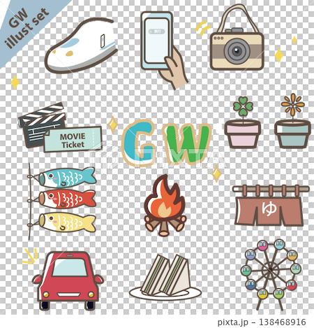ゴールデンウィークのアイコンセット。GW。5月のイラスト。休日、大型連休のイラスト。ベクターイラスト 138468916