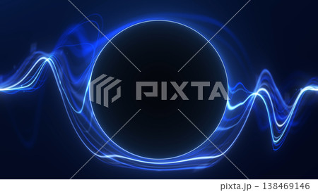 Blue neon energy ring with glowing circular light and fluid wave trails on dark background. Futuristic abstract tech scene with clean luminous focus and depth. Blue neon energy ring with glowing circular light and fluid wave trails on dark background. Futuristic abstract tech scene with clean luminous focus and depth. 138469146