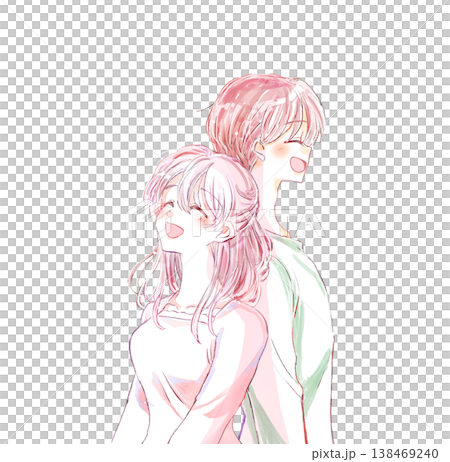 A man and a woman smiling, back to back. A man and a woman smiling, back to back. 138469240