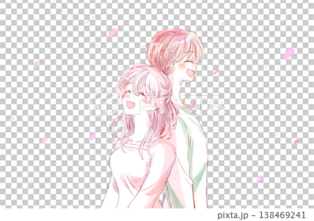 A man and a woman, smiling, stand back to back, amidst a flurry of cherry blossoms. 138469241